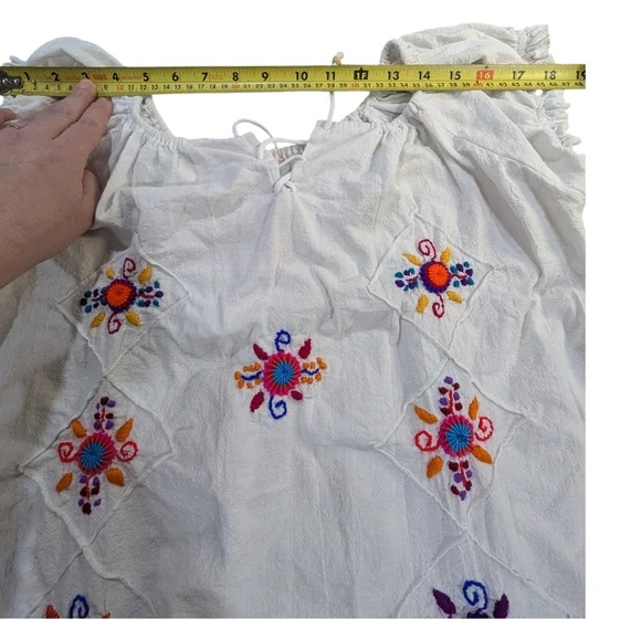 Embroidered White Cotton Peasant Blouse  Boho Floral Artisanal Women's Top XL - Picture 7 of 7